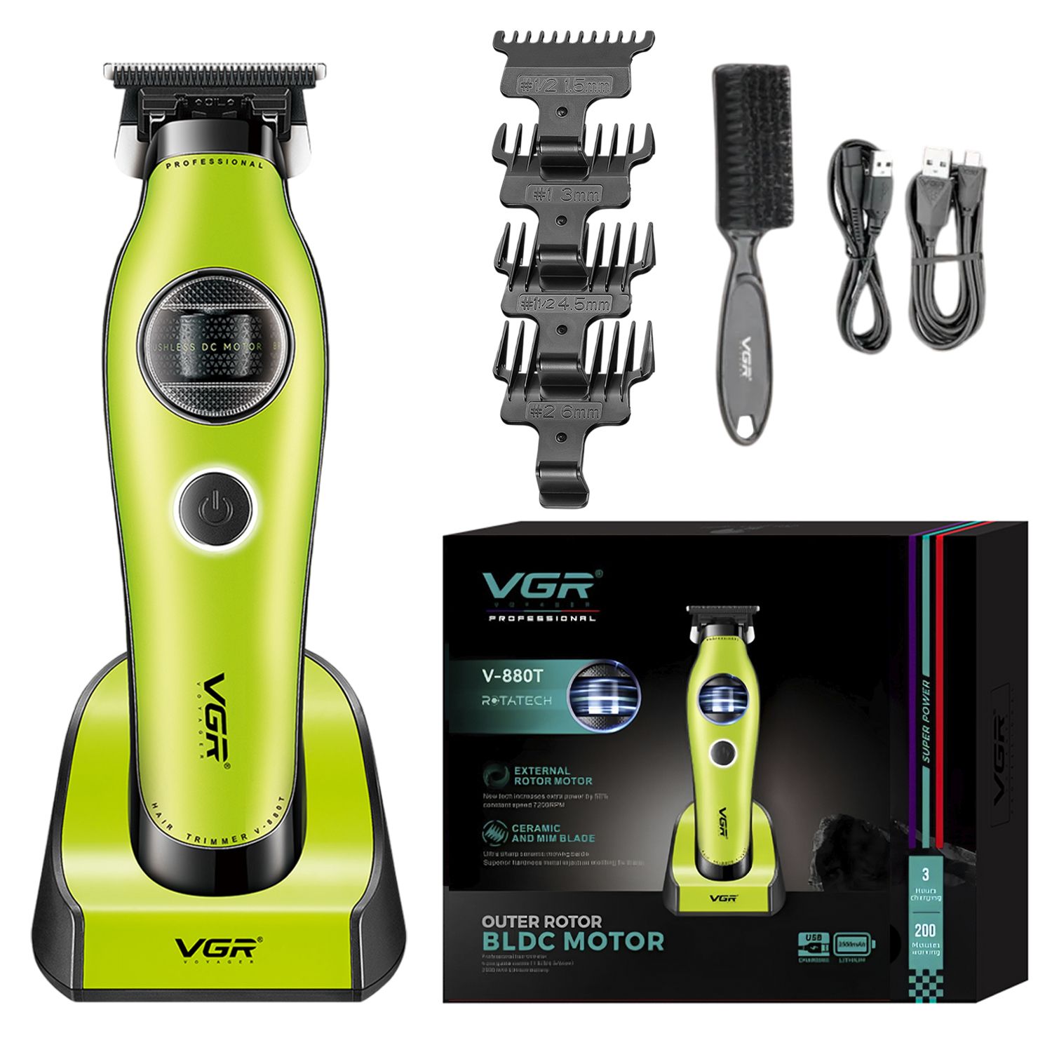 Cortadora Pelo Patillera Vgr V-880t Rotatech Bldc 7200rpm Verde
