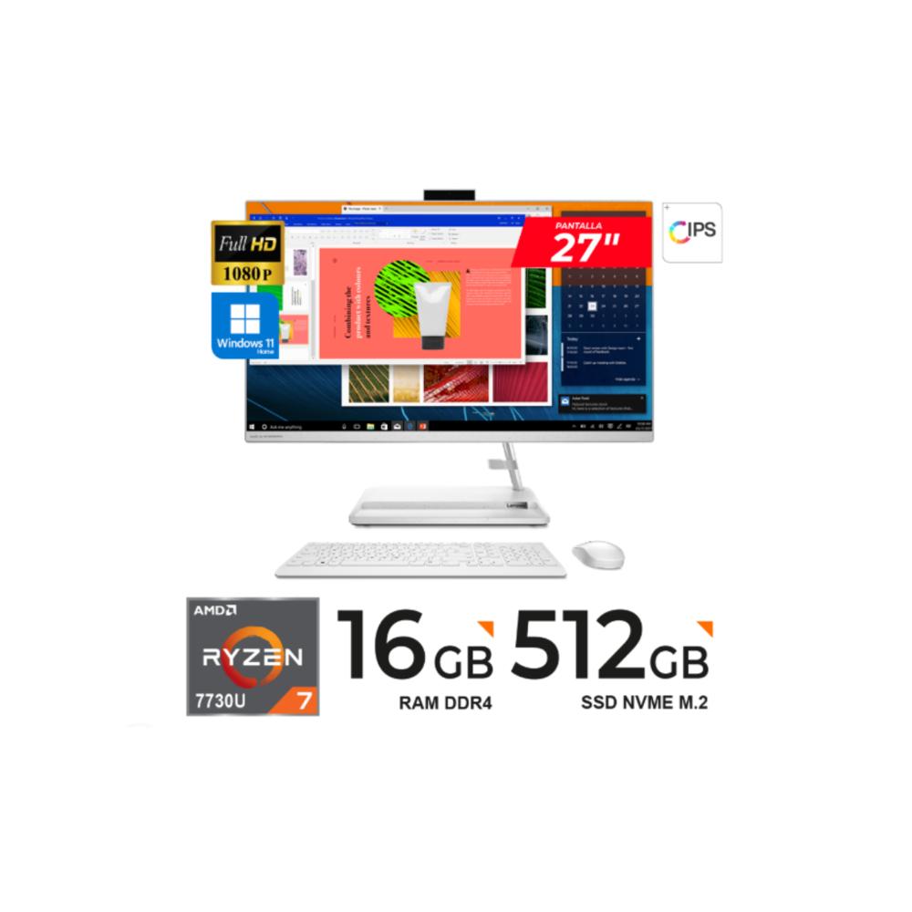 PC TODO EN UNO LENOVO 27ALC6 27' FHD IPS Ryzen 7 7730U 4.5GHz 16GB DDR4-3200 512GB W11 Home White