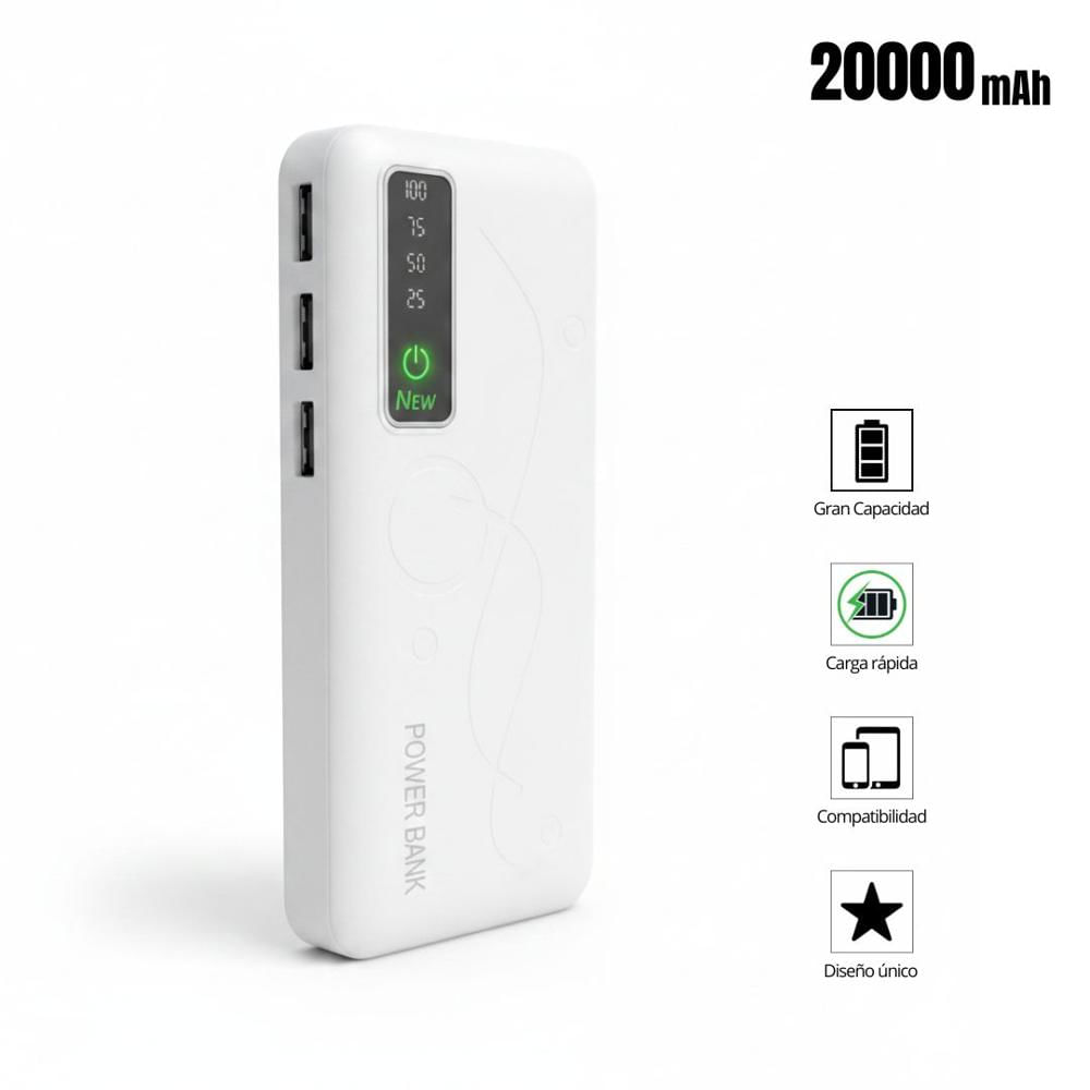 Cargador Power bank PL-47 Carga Rápida 20000mAh 3 Salidas USB Linterna Led Blanco
