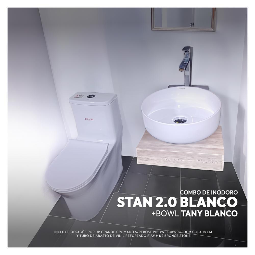 Combo De Inodoro Stan 2.0 Blanco + Bowl Tany Blanco + Desagüe Pop Up Grande Cromado S/Rebose