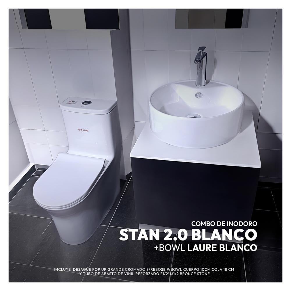 Combo De Inodoro Stan 2.0 Blanco + Bowl Laure Blanco + Desagüe Pop Up Grande Cromado S/Rebose