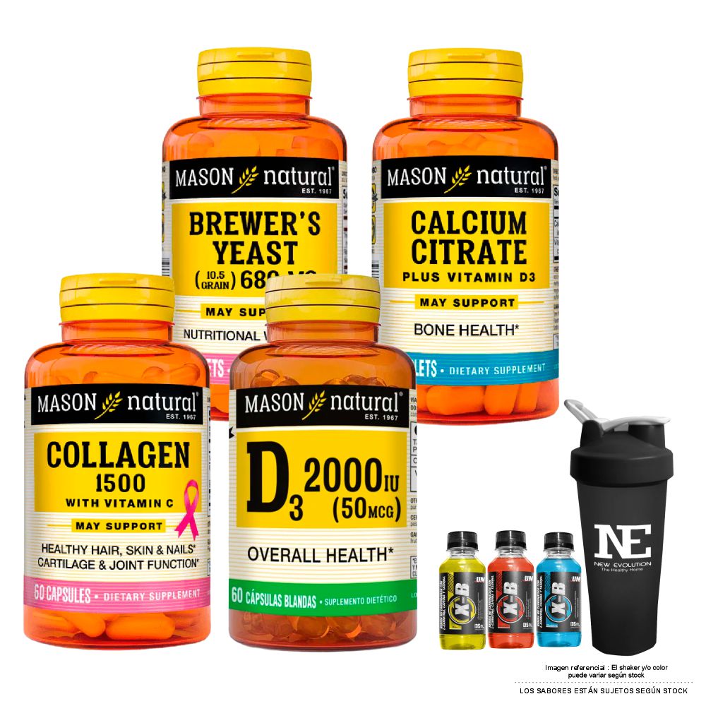 COMBO VITAMINA MASON- LEVADURA DE CERVEZA+ CITRATO DE CALCIO+ COLÁGENO 1500PLUS+ D-3 2000 UI +SHAKER