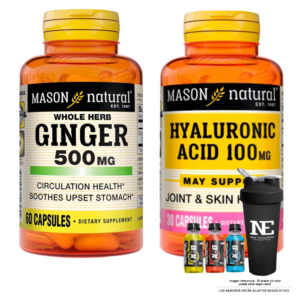 COMBO VITAMINAS MASON NATURAL - GINGER (KION) 500 MG (60 CAP) + ÁCIDO HIALURÓNICO 100 MG + SHAKER