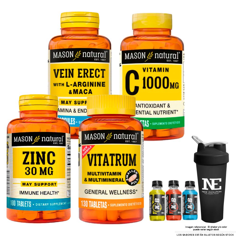 COMBO MASON- VEIN ERECT MACA + VITAMINA C-1000 MG+ VITATRUM MULTIVITA.& MULTIMI.+ ZINC 30 MG +SHAKER