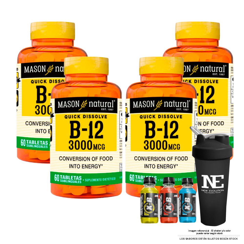 COMBO VITAMINAS MASON NATURAL - 4 VITAMINA B-12 3000 MCG (60 TAB SUBL) + SHAKER