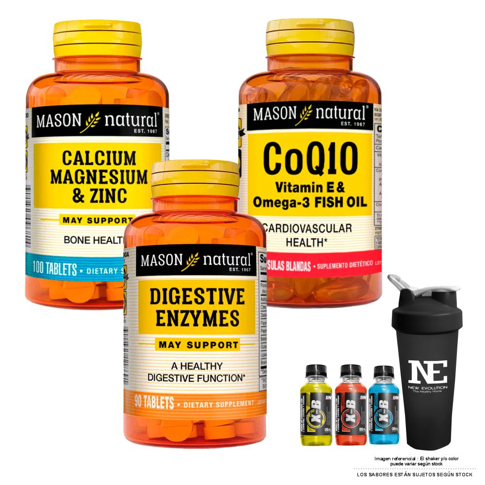 COMBO VITAMINAS MASON NATURAL- CALCIO,MAGNESIO Y ZINC+ CoQ10 (VITAMINA E)+ENZIMAS DIGESTIVAS +SHAKER