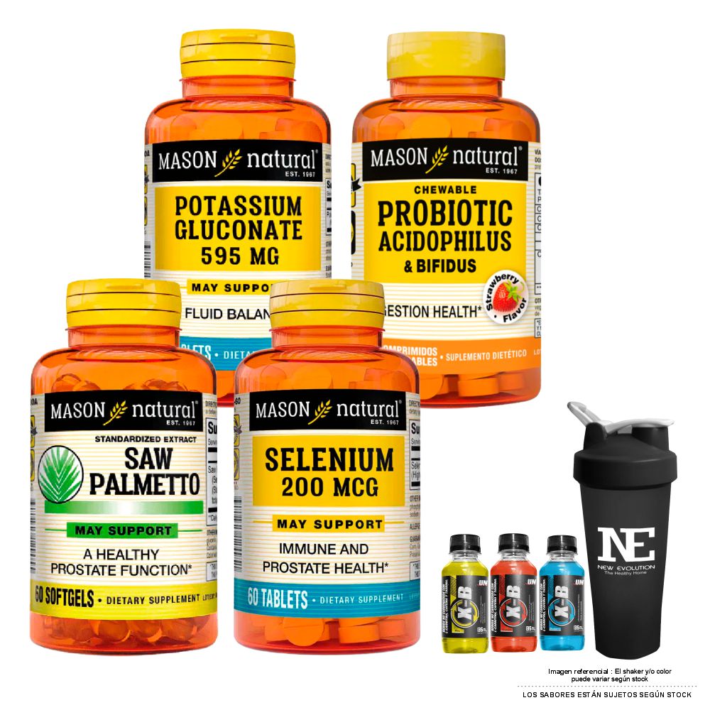 COMBO VITAMINAS MASON- GLUCONATO DE POTASIO + PROBIÓTICO ACIDOPHILUS + SAW PALMETTO+ SELENIO+ SHAKER