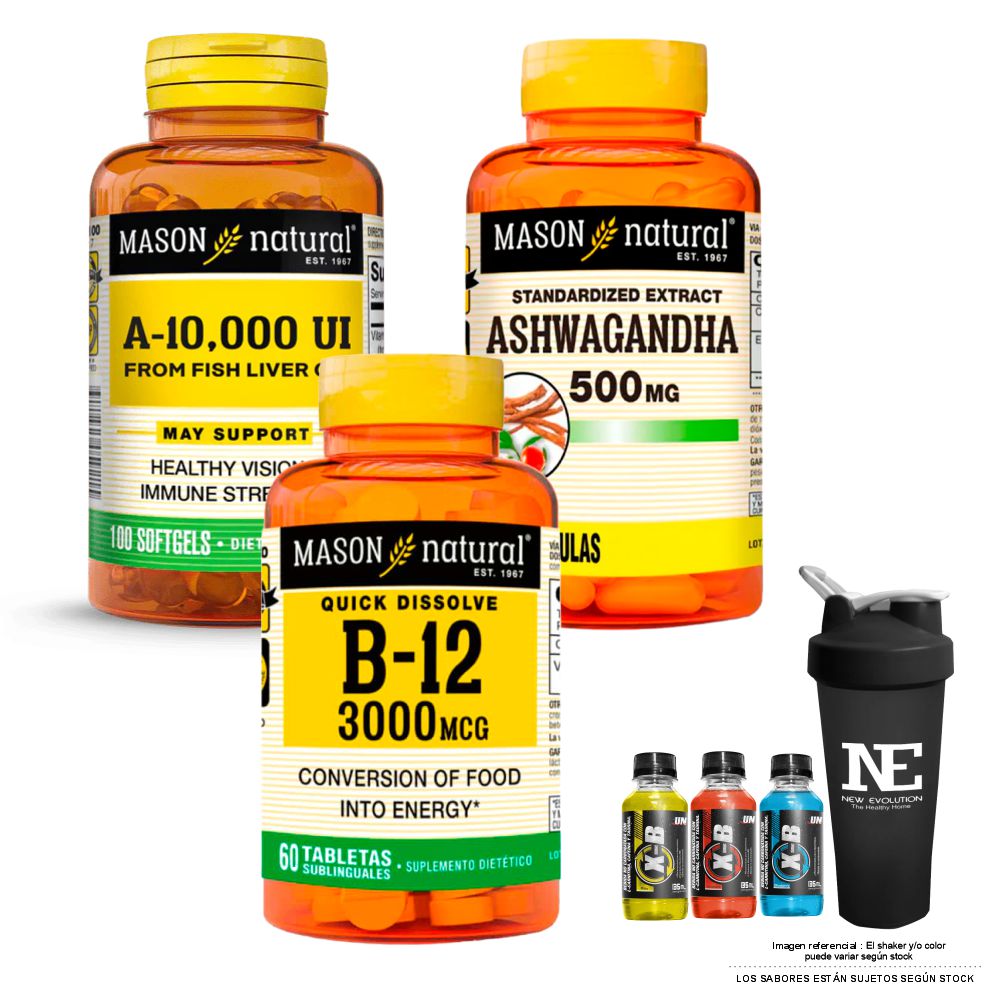COMBO VITAMINAS MASON NATURAL -VITAMINA A 10,000 UI + ASHWAGANDHA + VITAMINA B-12 3000 MCG + SHAKER