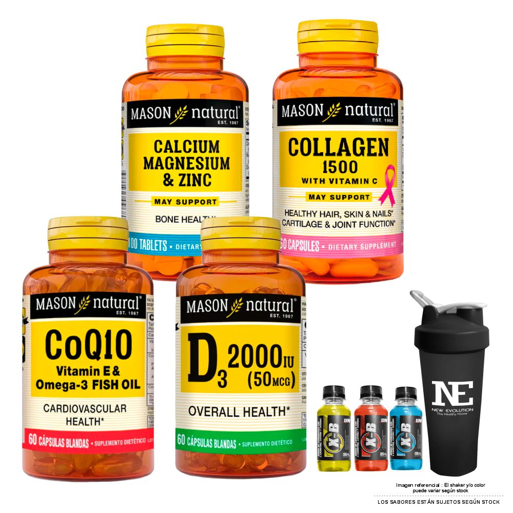 COMBO VITAMINAS MASON - CALCIO,MAGNESIO Y ZINC + COLÁGENO 1500 PLUS + CoQ10 + D-3 2000 UI + SHAKER