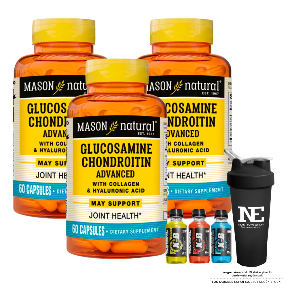 COMBO VITAMINAS MASON NATURAL - 3 GLUCOSAMINA CONDROITINA CON ÁCIDO HIALURÓNICO (60 CAP) + SHAKER