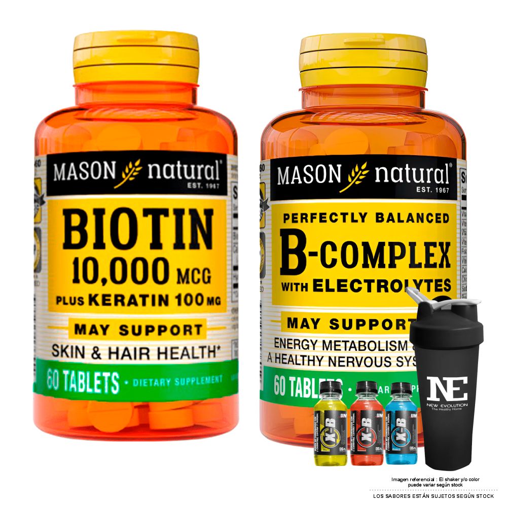 COMBO VITAMINAS MASON NATURAL - COMPLEJO B CON ELECTROLITOS + BIOTINA 10,000 PLUS 100 MG + SHAKER