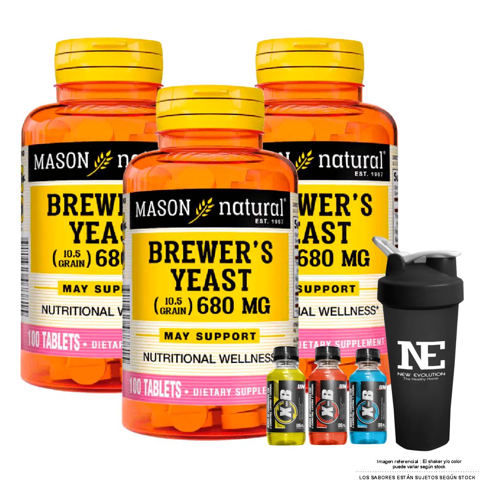 COMBO VITAMINAS MASON NATURAL - 3 LEVADURA DE CERVEZA 680 MG (100 TAB) + SHAKER