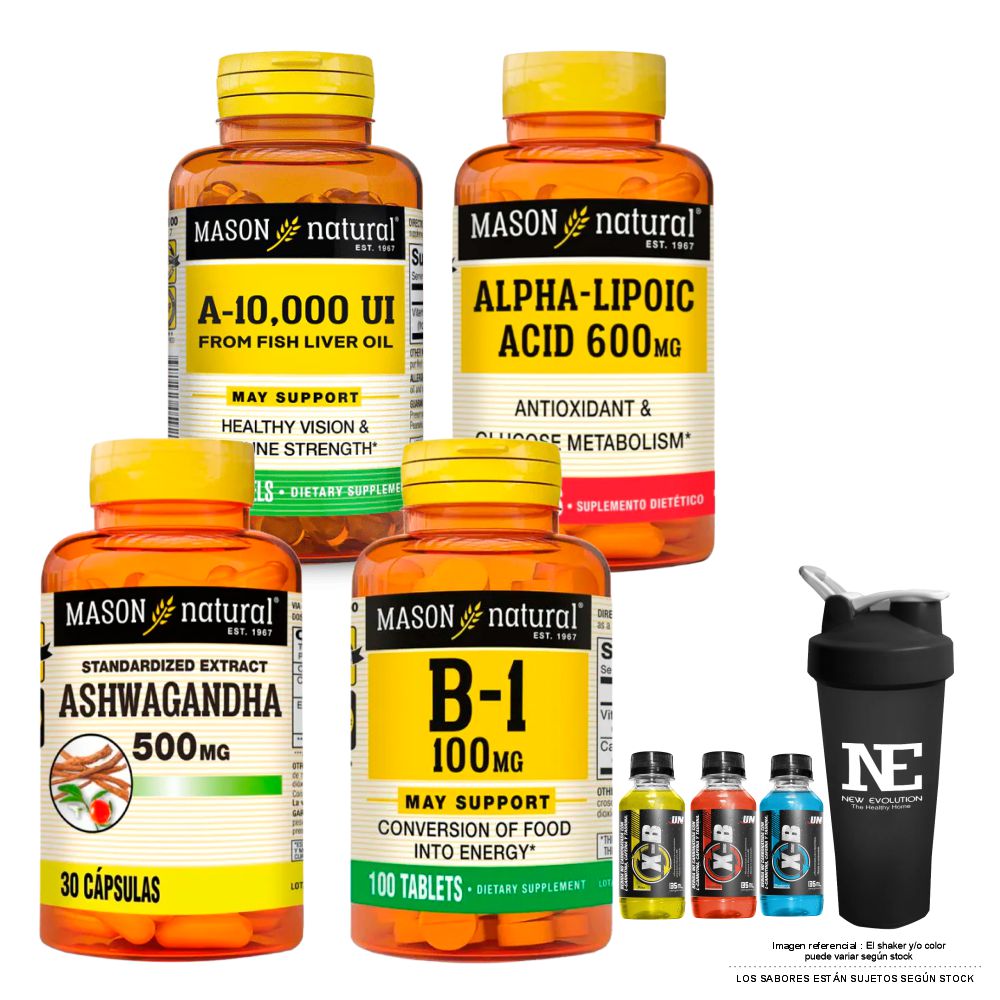 COMBO VITAMINAS MASON- VITAMINA A 10,000 UI + ÁCIDO ALFA LIPOICO+ ASHWAGANDHA + VITAMINA B-1 +SHAKER