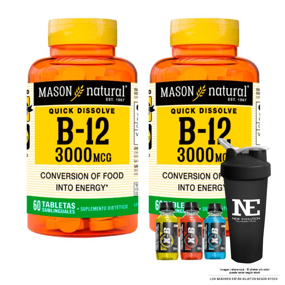COMBO VITAMINAS MASON NATURAL - 2 VITAMINA B-12 3000 MCG (60 TAB SUBL) + SHAKER