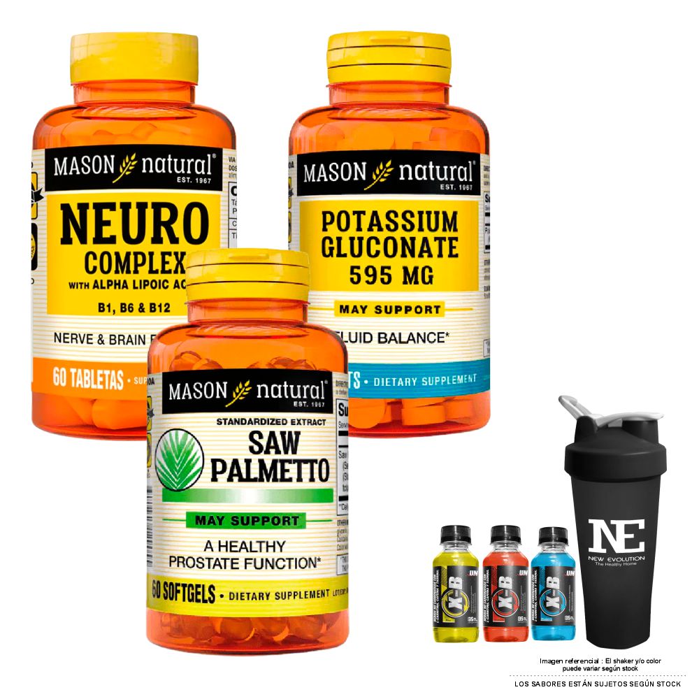 COMBO VITAMINAS MASON - NEURO COMPLEX + GLUCONATO DE POTASIO + SAW PALMETTO EXTRACTO + SHAKER