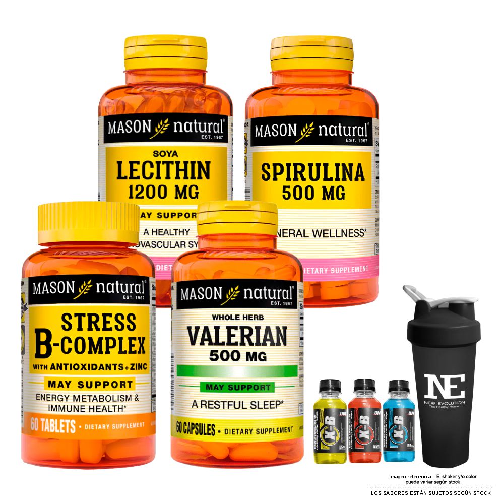 COMBO VITAMINAS MASON- LECITINA DE SOYA + ESPIRULINA + STRESS FORMULA B-COMPLEX + VALERIANA + SHAKER
