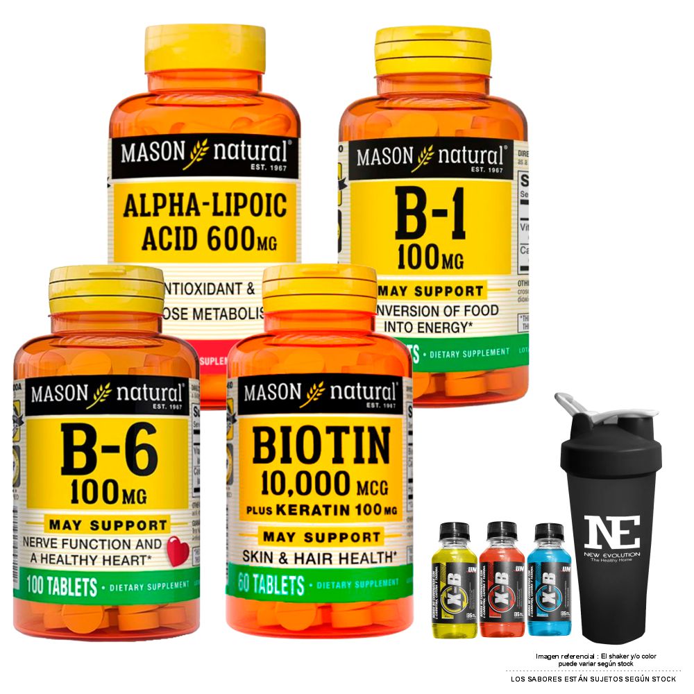 COMBO VITAMINAS MASON- ÁCIDO ALFA LIPOICO+ VITAMINA B-1 + VITAMINA B-6 + BIOTINA 10,000 PLUS +SHAKER