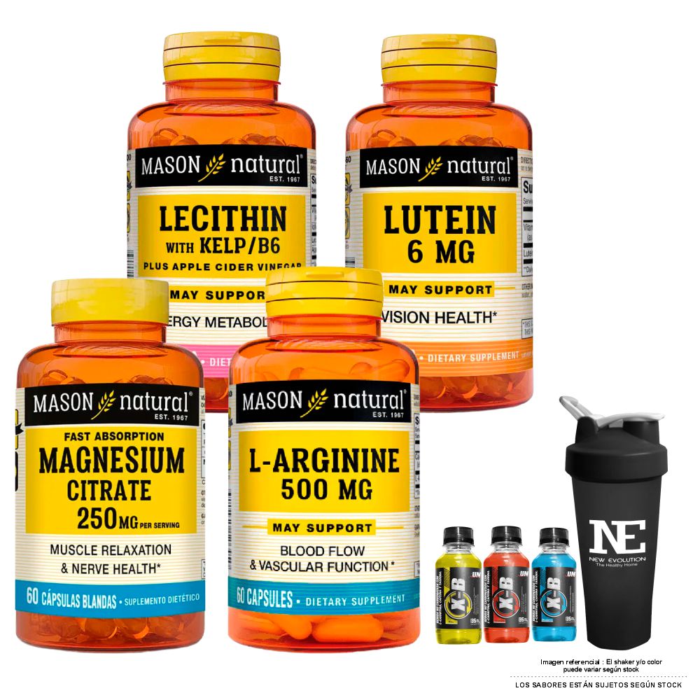 COMBO VITAMINAS MASON- L-ARGININA 500MG+ LECITINA KELP B6+ LUTEÍNA 6 MG + CITRATO DE MAGNESIO+SHAKER