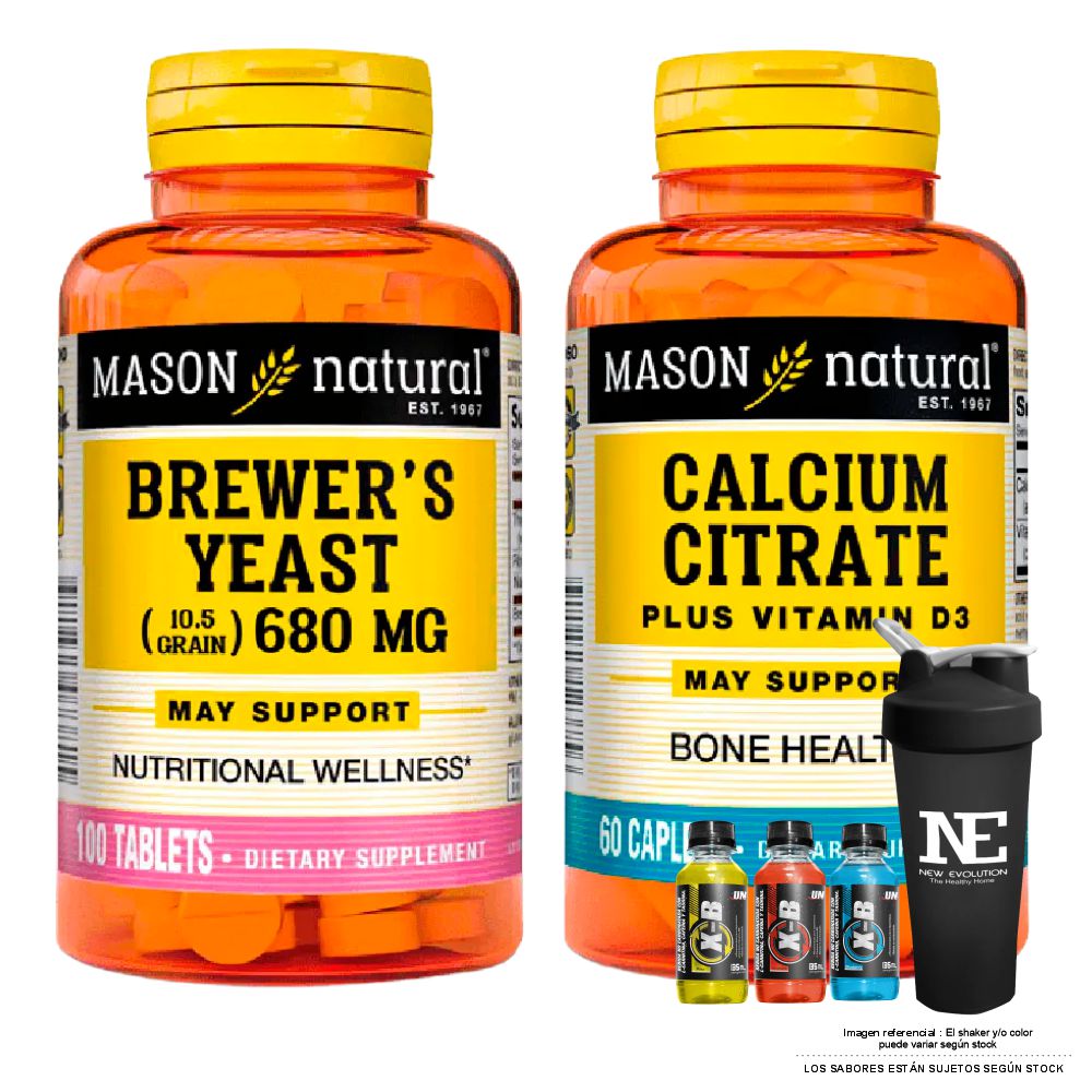 COMBO VITAMINAS MASON NATURAL- LEVADURA DE CERVEZA 680 MG +CITRATO DE CALCIO CON VITAMINA D3 +SHAKER