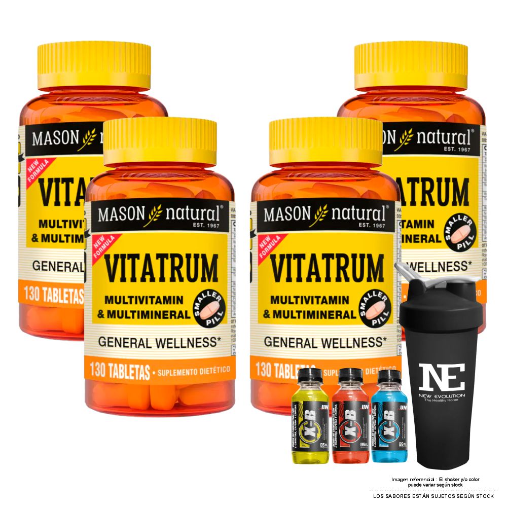 COMBO VITAMINAS MASON NATURAL - 4 VITATRUM MULTIVITAMÍNICO & MULTIMINERAL (130 TAB) + SHAKER