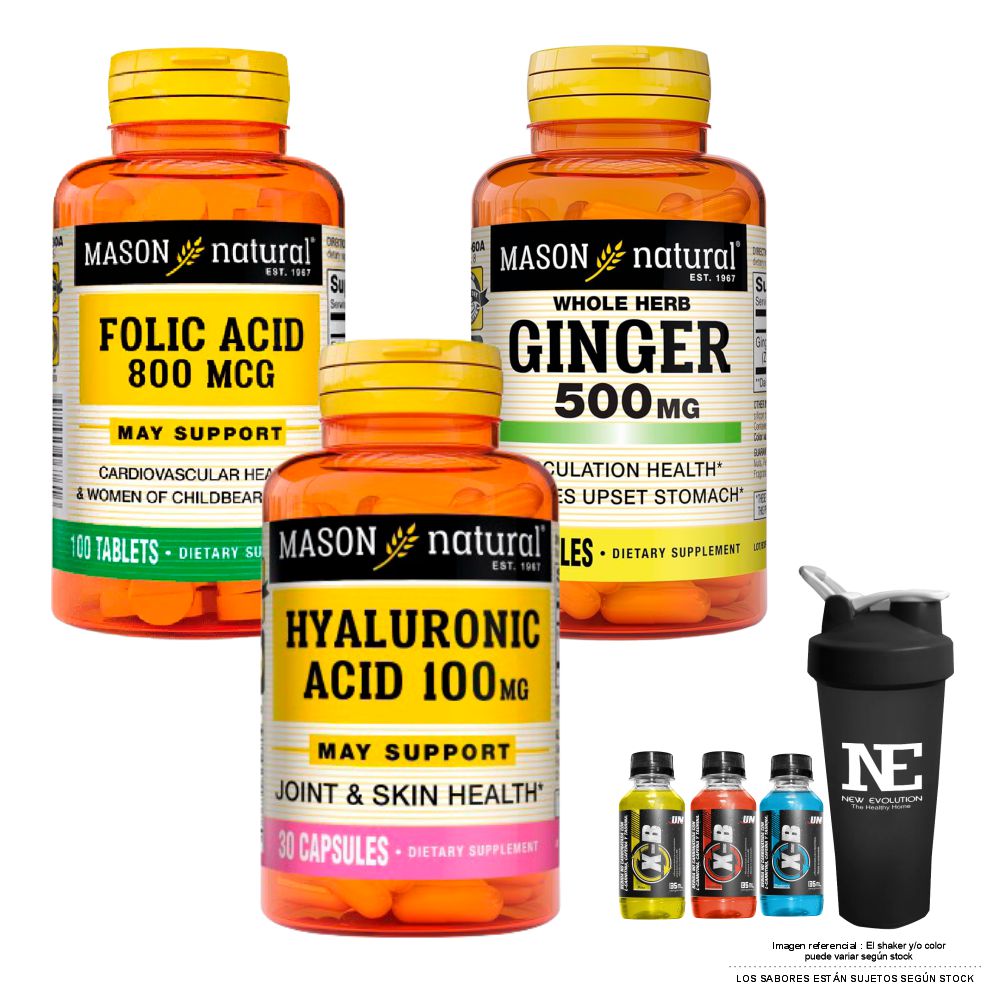 COMBO VITAMINAS MASON NATURAL- ÁCIDO FÓLICO 800MCG + GINGER (KION) 500MG + ÁCIDO HIALURÓNICO +SHAKER