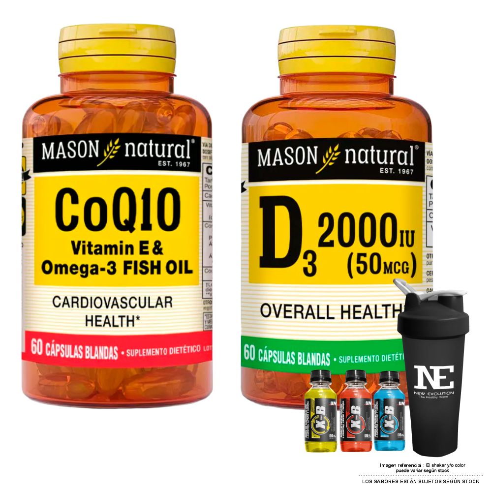 COMBO VITAMINAS MASON NATURAL- CoQ10 (VITAMINA E & OMEGA 3 FISH OIL) (60 SOFTG)+ D-3 2000UI +SHAKER