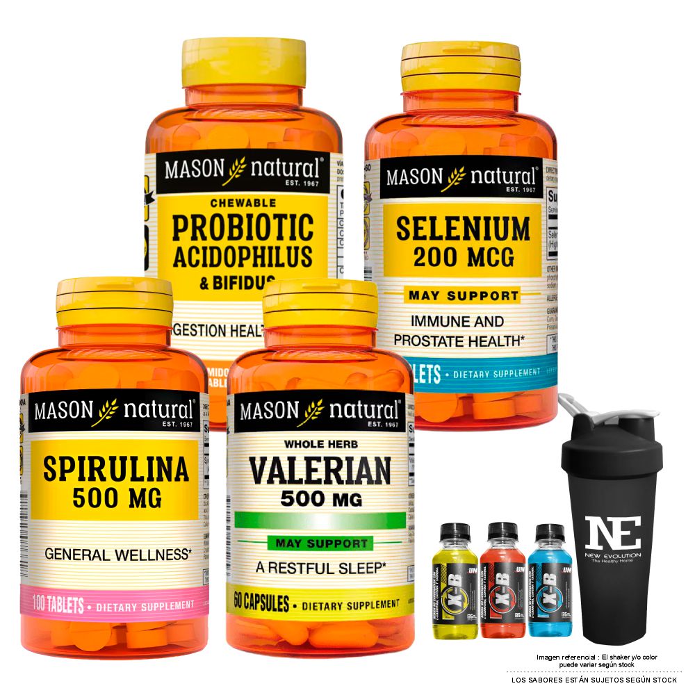 COMBO VITAMINAS MASON - PROBIÓTICO ACIDOPHILUS & BIFIDUS + SELENIO + ESPIRULINA + VALERIANA + SHAKER