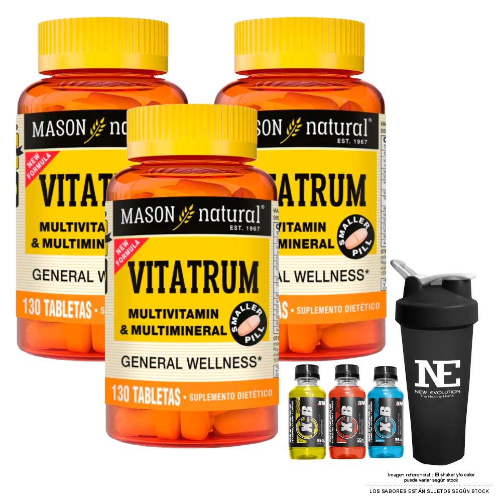 COMBO VITAMINAS MASON NATURAL - 3 VITATRUM MULTIVITAMÍNICO & MULTIMINERAL (130 TAB) + SHAKER