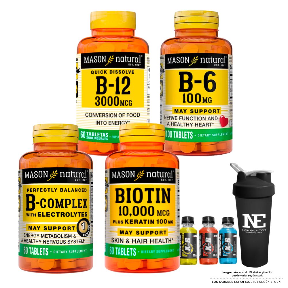 COMBO VITAMINAS MASON- VITAMINA B-12 3000 MCG+ VITAMINA B-6+ COMPLEJO B+ BIOTINA 10,000 PLUS +SHAKER