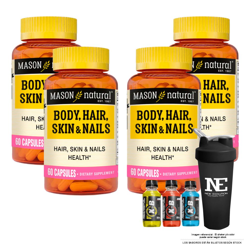 COMBO VITAMINAS MASON NATURAL - 4 MULTIVITAMÍNICO PARA CABELLO, PIEL Y UÑAS (60 CAP) + SHAKER