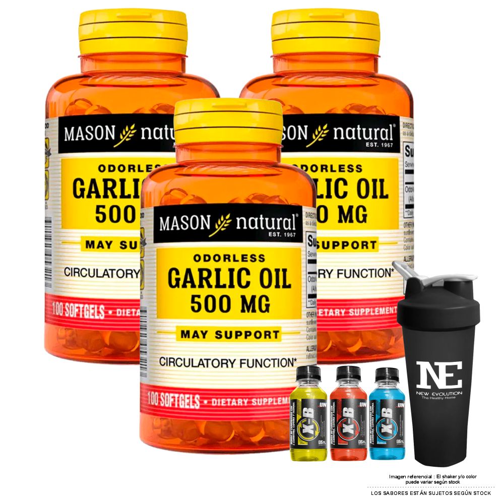 COMBO VITAMINAS MASON NATURAL - 3 ACEITE DE AJO 500 MG (100 SOFTG) + SHAKER