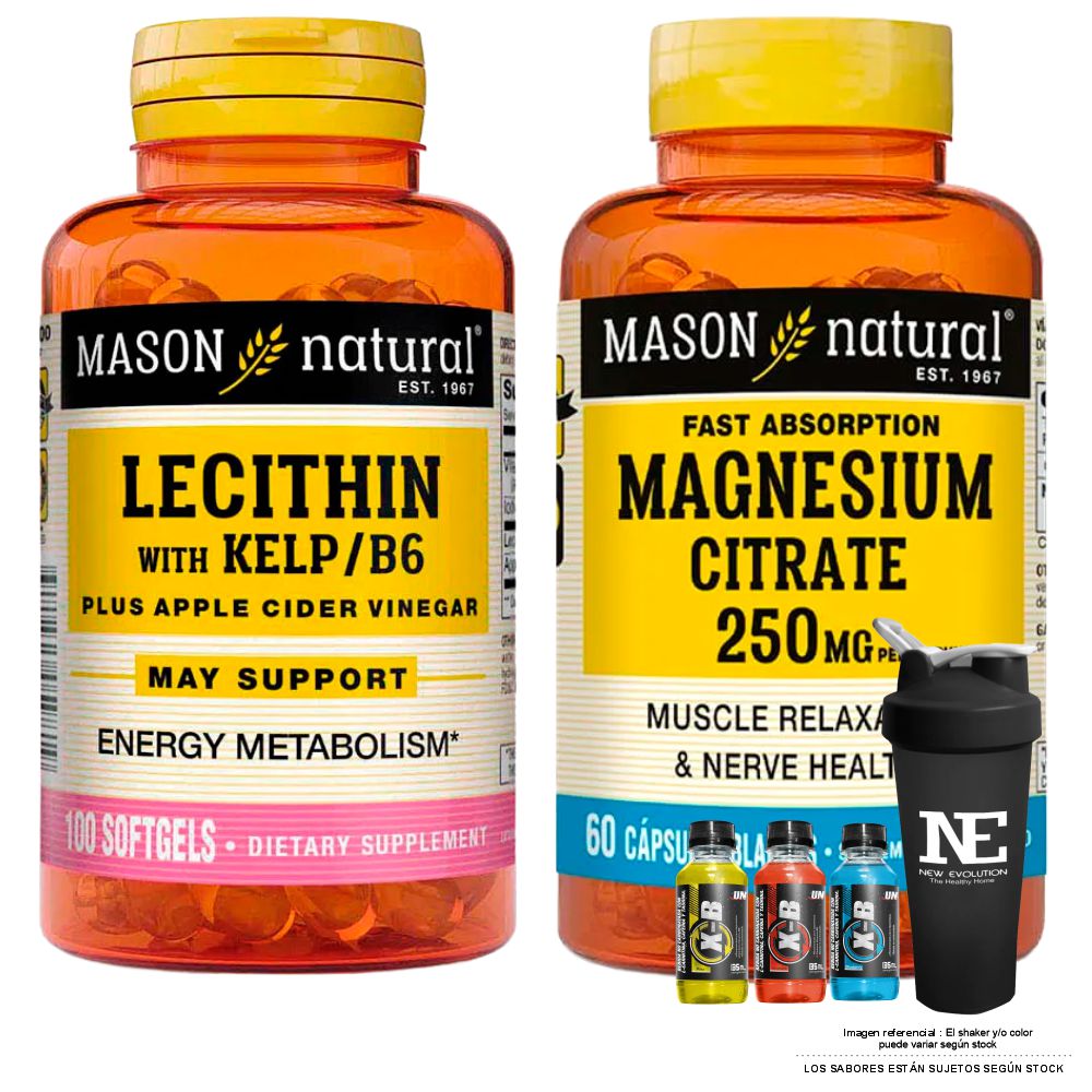 COMBO VITAMINAS MASON NATURAL - LECITINA KELP B6 (100 SOFTG)+ CITRATO DE MAGNESIO (60 SOFTG) +SHAKER