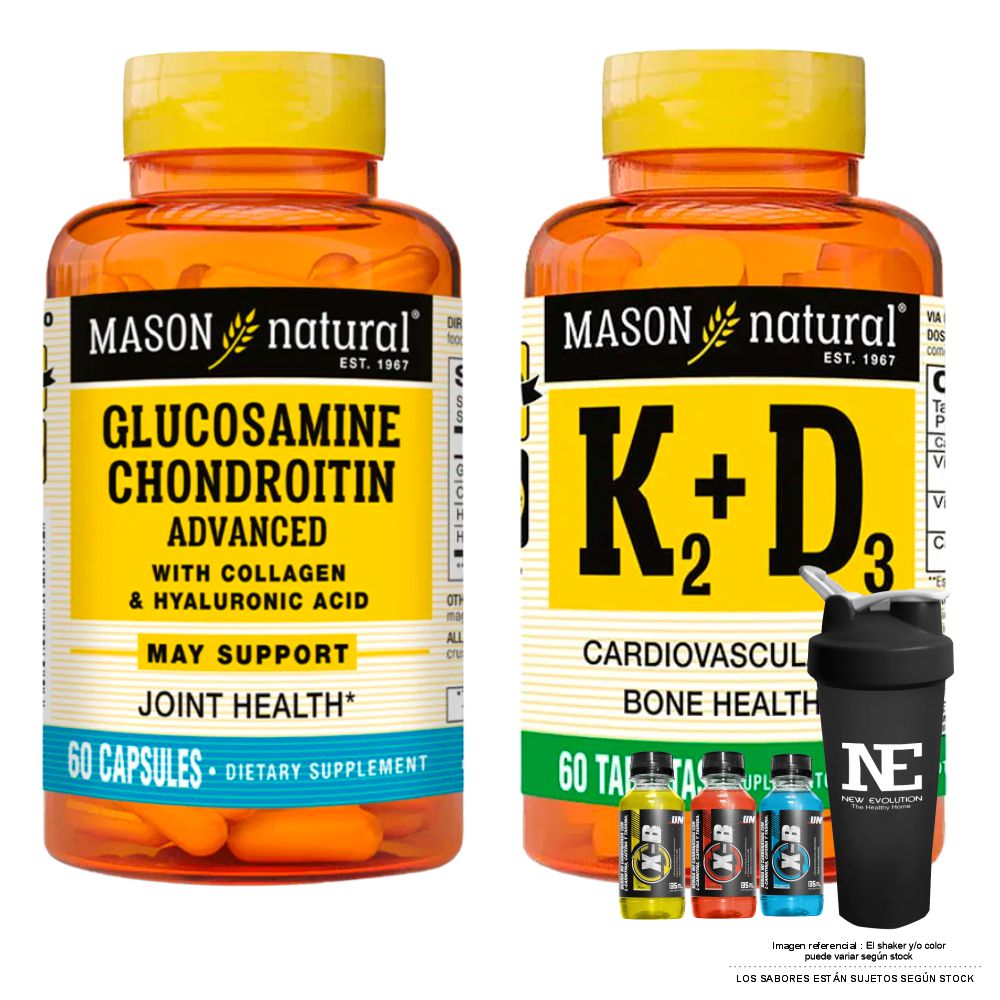 COMBO VITAMINAS MASON NATURAL- GLUCOSAMINA CONDROITINA CON ÁCIDO HIALURÓNICO+ VITAMINA K2+D3 +SHAKER