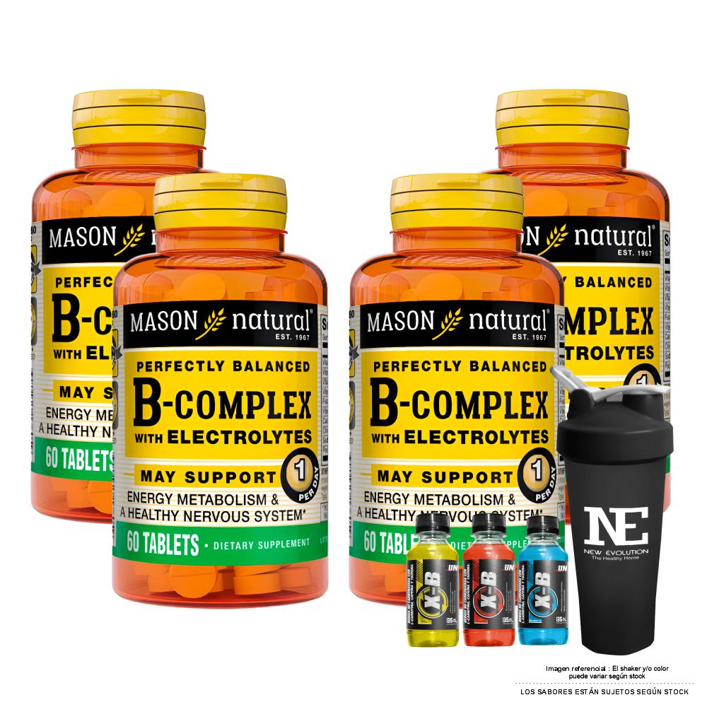 COMBO VITAMINAS MASON NATURAL - 4 COMPLEJO B CON ELECTROLITOS (60 TAB) + SHAKER
