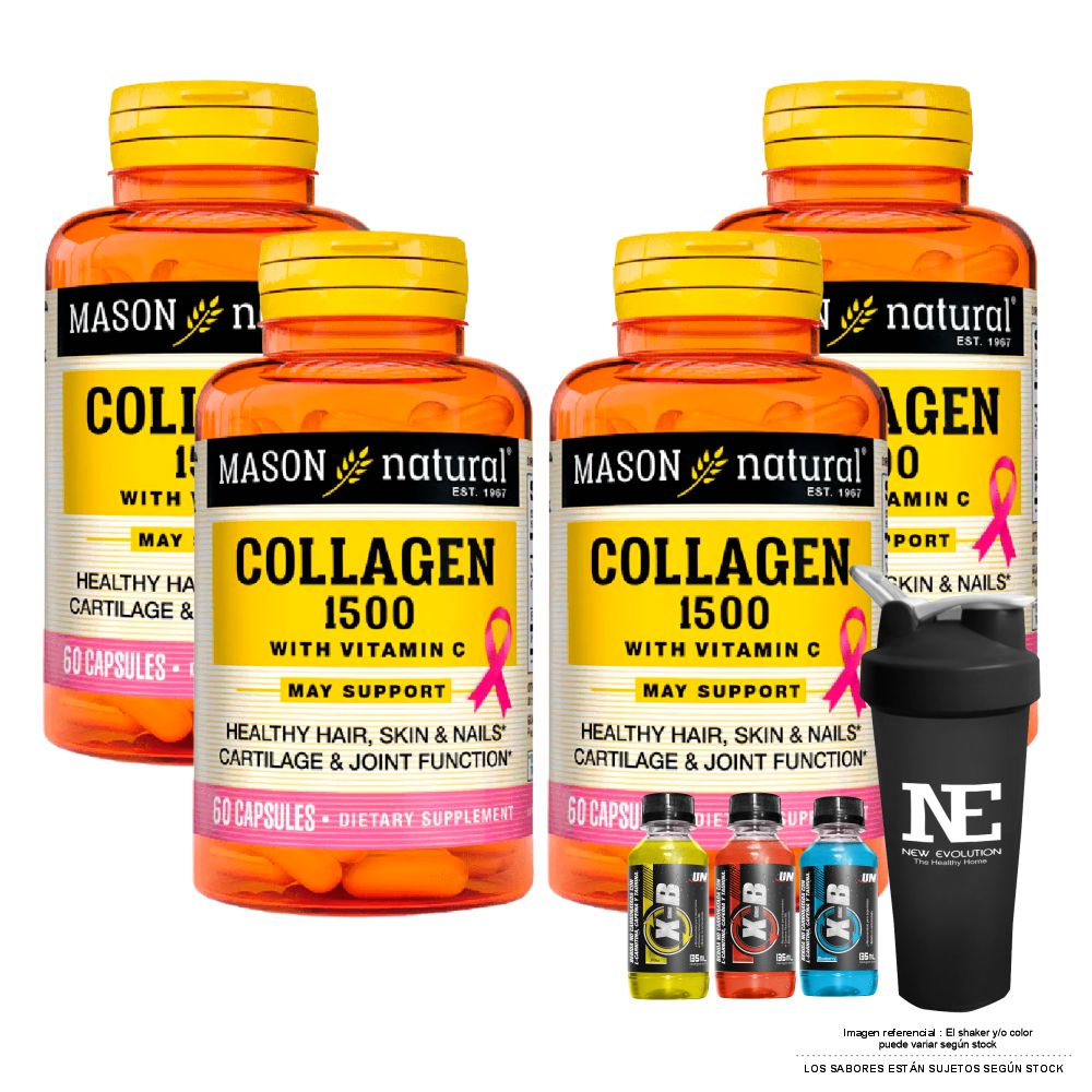 COMBO VITAMINAS MASON NATURAL - 4 COLÁGENO 1500 PLUS + BIOTINA + VITAMINA C (60 CAP) + SHAKER