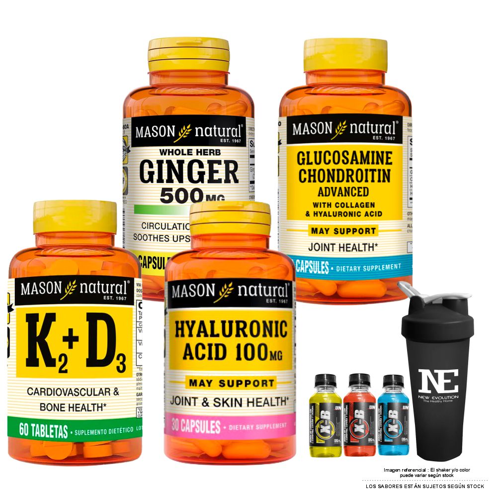 COMBO VITAMINAS MASON- GINGER(KION)+GLUCOSAMINA CONDROITINA+ÁCIDO HIALURÓNICO+VITAMINA K2+D3 +SHAKER