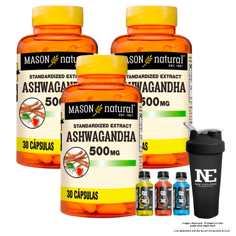 COMBO VITAMINAS MASON NATURAL - 3 ASHWAGANDHA 500 MG (30 CAP) + SHAKER