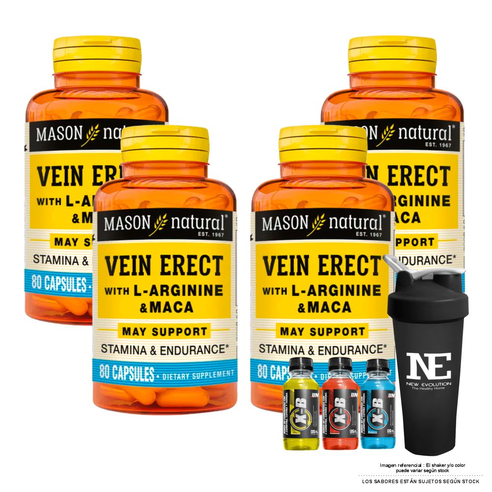 COMBO VITAMINAS MASON NATURAL - 4 VEIN ERECT MACA + L-ARGININA (80 CAP) + SHAKER