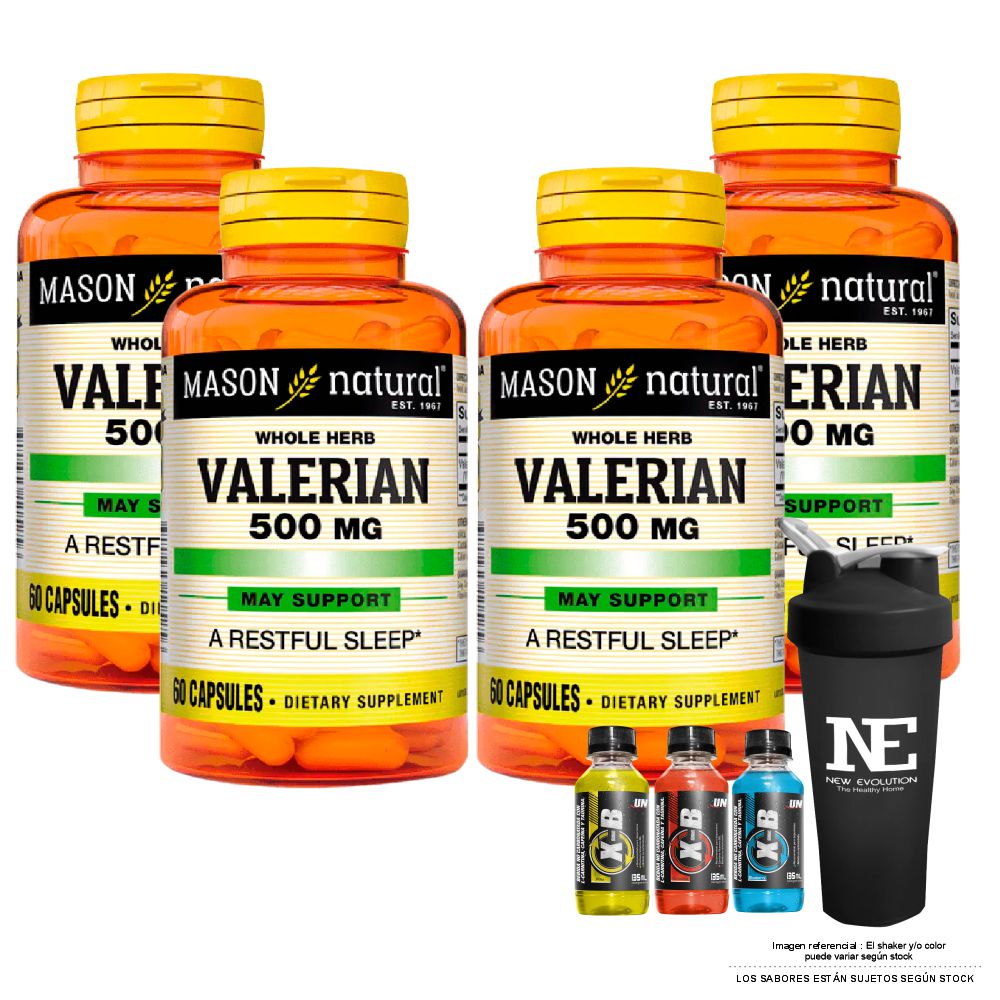 COMBO VITAMINAS MASON NATURAL - 4 VALERIANA 500 MG (60 CAP) + SHAKER