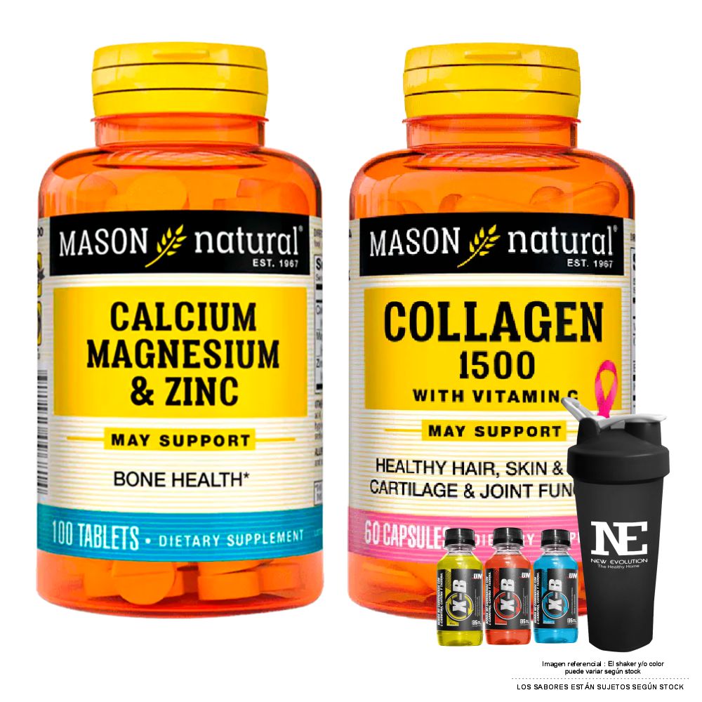 COMBO VITAMINAS MASON NATURAL -  CALCIO, MAGNESIO Y ZINC + COLÁGENO 1500 PLUS+BIOTINA + SHAKER
