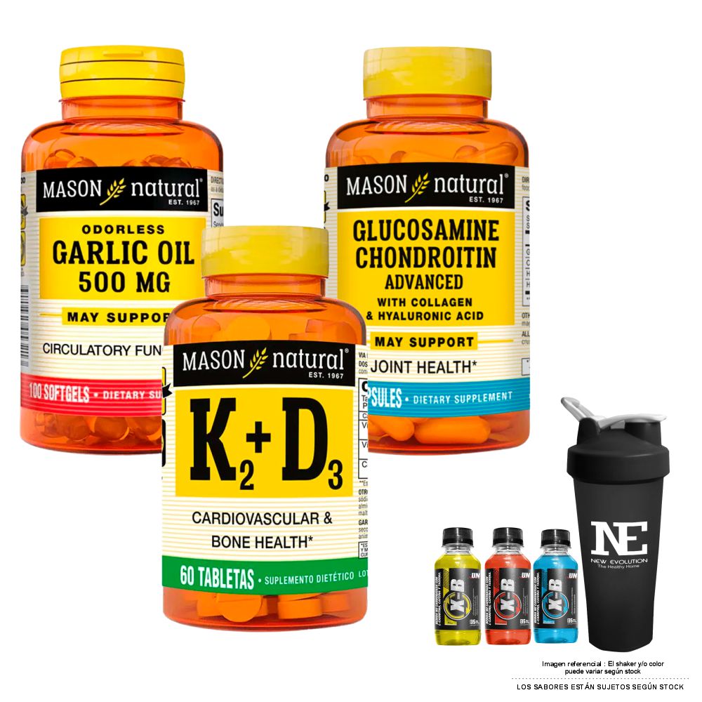 COMBO VITAMINAS MASON NATURAL- ACEITE DE AJO 500 MG+ GLUCOSAMINA CONDROITINA+ VITAMINA K2+D3 +SHAKER