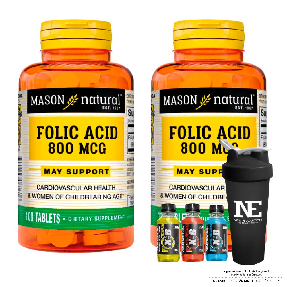 COMBO VITAMINAS MASON NATURAL - 2 ÁCIDO FÓLICO 800 MCG (100 TAB) + SHAKER
