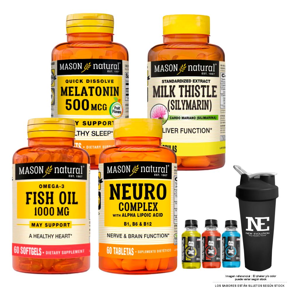 COMBO VITAMINAS MASON - MELATONINA 500 MCG + SILIMARINA+ NEURO COMPLEX + OMEGA 3 FISH OIL + SHAKER
