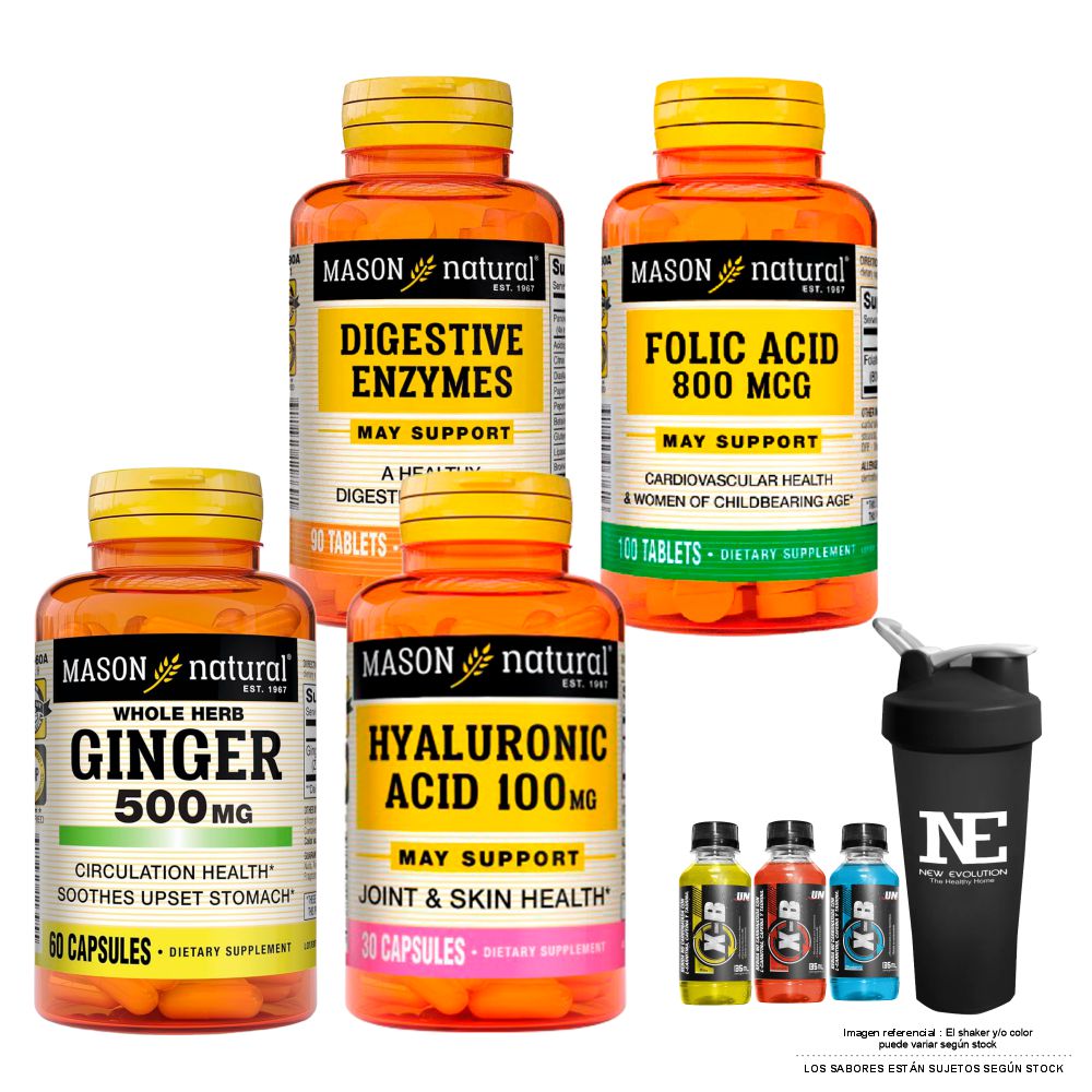 COMBO VITAMINAS MASON- ENZIMAS DIGESTIVAS + ÁCIDO FÓLICO+ GINGER (KION) + ÁCIDO HIALURÓNICO +SHAKER