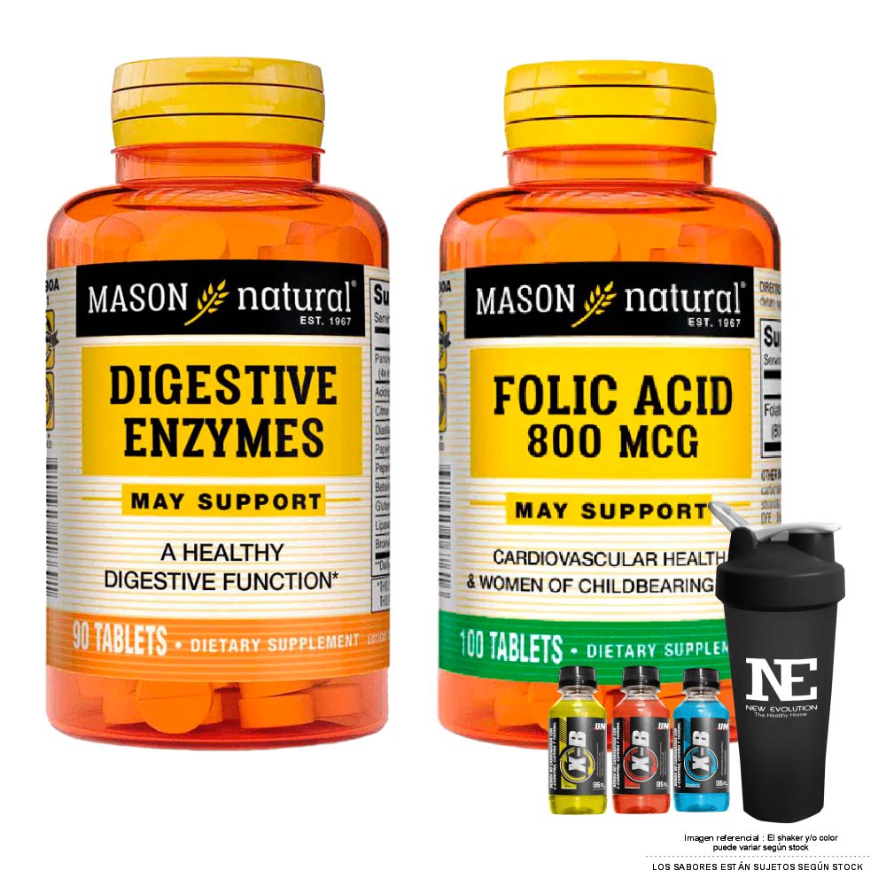 COMBO VITAMINAS MASON NATURAL - ENZIMAS DIGESTIVAS (90 TAB) + ÁCIDO FÓLICO 800 MCG (100 TAB) +SHAKER