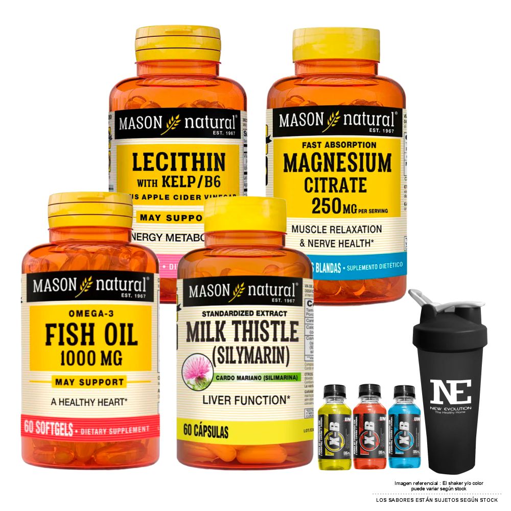 COMBO VITAMINAS MASON- LECITINA KELP B6 + CITRATO DE MAGNESIO+ SILIMARINA + OMEGA 3 FISH OIL +SHAKER