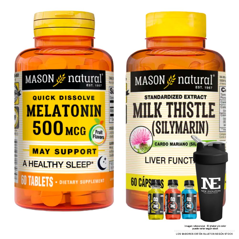 COMBO VITAMINAS MASON NATURAL - MELATONINA 500 MCG (60 TAB SUBLINGUAL) + SILIMARINA (60 CAP) +SHAKER