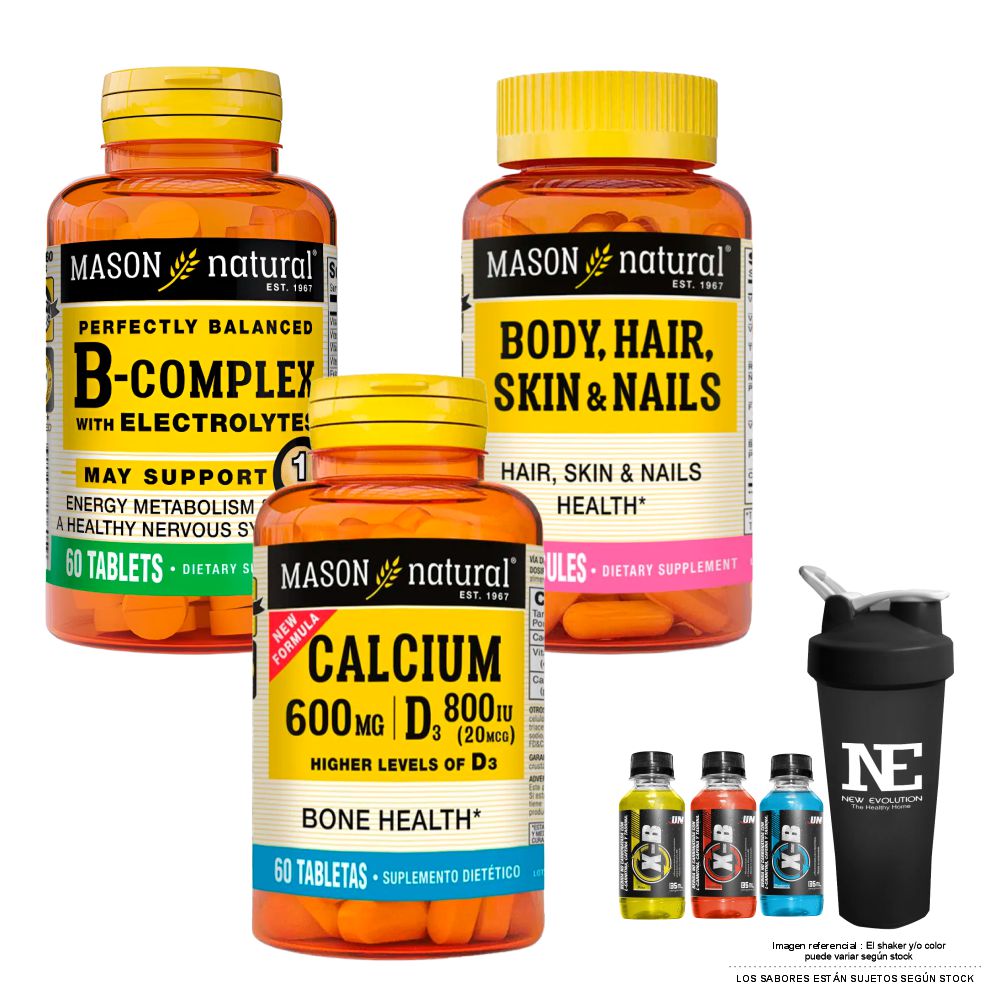 COMBO VITAMINAS MASON- COMPLEJO B + MULTIVITA. PARA CABELLO,PIEL,UÑAS+ CALCIO 600MG D3 800IU +SHAKER