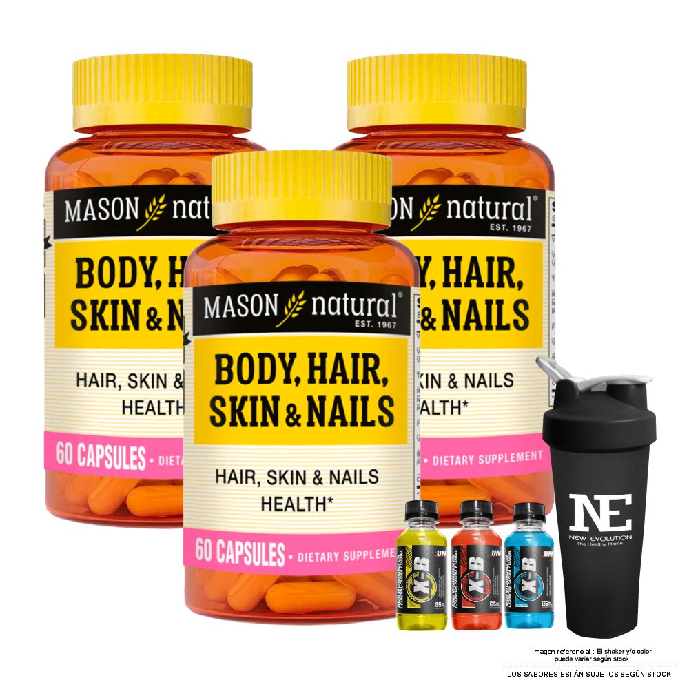 COMBO VITAMINAS MASON NATURAL - 3 MULTIVITAMÍNICO PARA CABELLO, PIEL Y UÑAS (60 CAP) + SHAKER
