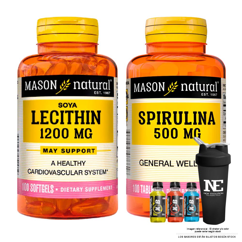 COMBO VITAMINAS MASON NATURAL - LECITINA DE SOYA 1200 MG (100 SOFTG) + ESPIRULINA 500 MG + SHAKER